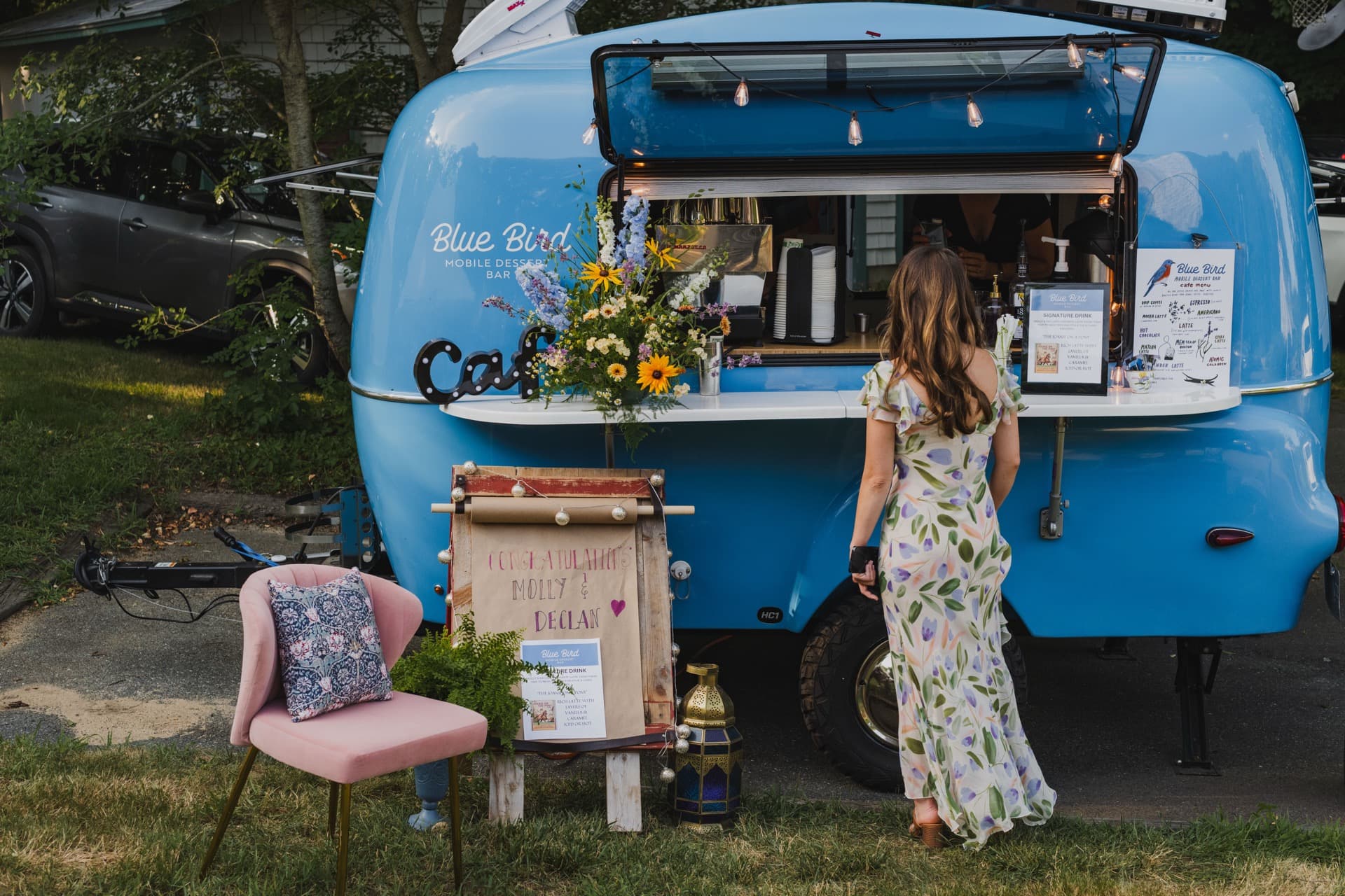 Blue Bird camper at a wedding