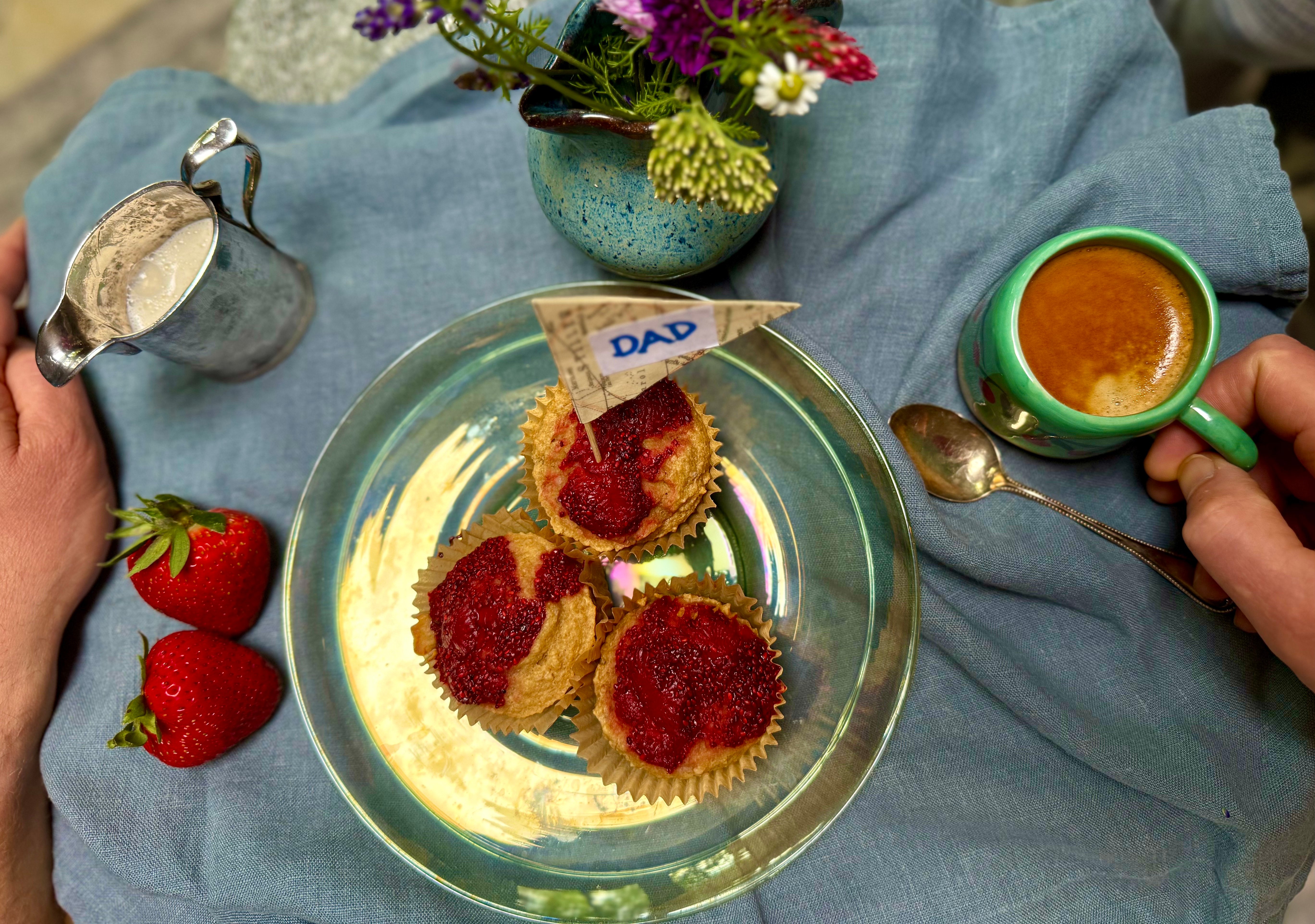 Father's Day breakfast in bed with muffins topped with jam