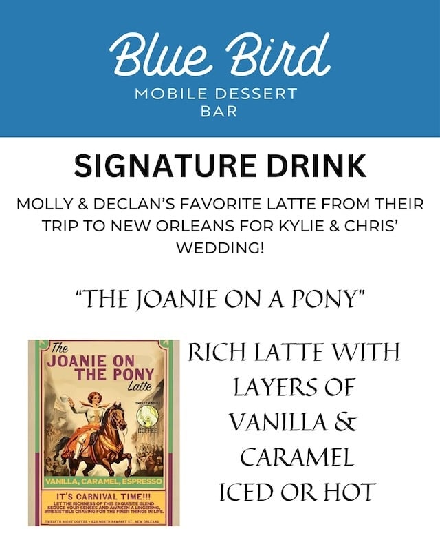 Menu with "Joanie on a Pony" signature drink